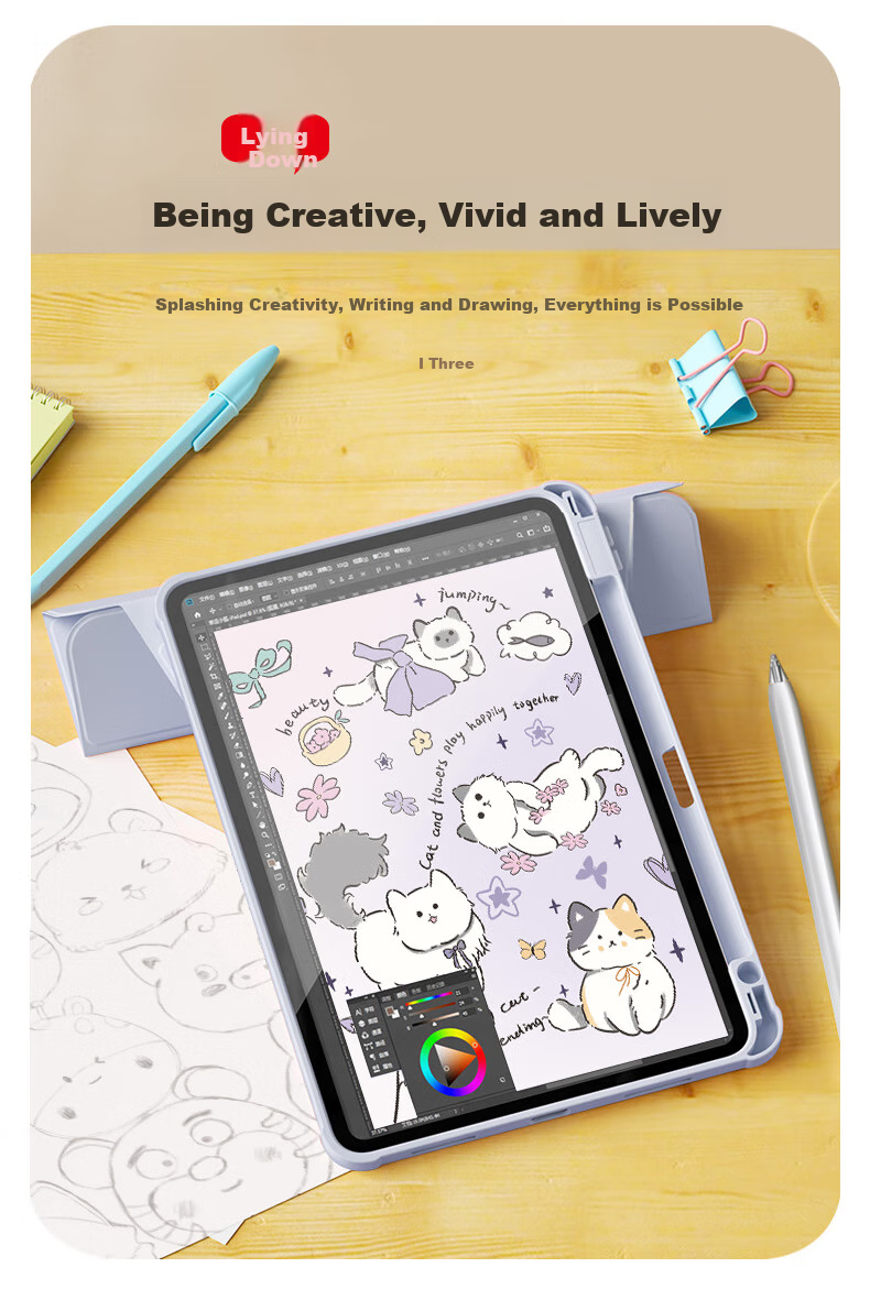 Asiwa IPad Case for IPad 9/10.2 Inch with Pencil Holder, IPad Air 3 Tablet Case 10.5 Inch, 360-Degree Rotating Landscape/Portrait Support, Cartoon Painted Silicone Shockproof Anti-Bend 1