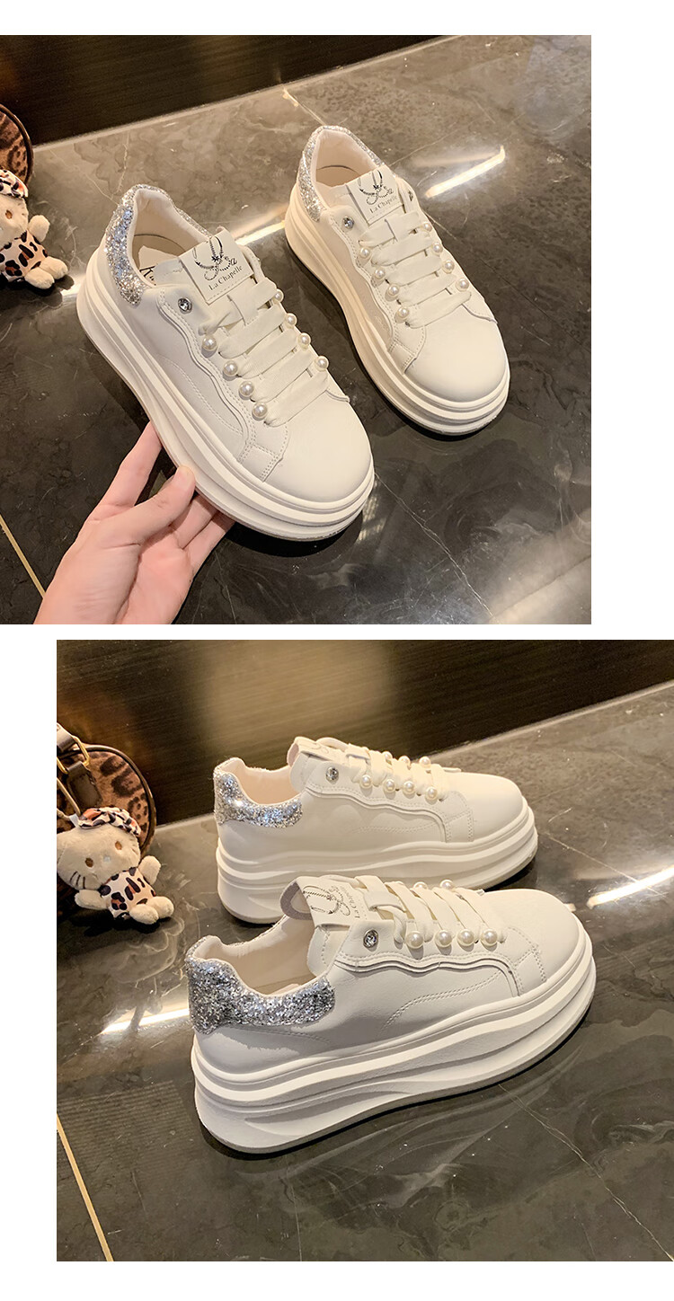 La Chapelle Women's Sneakers, Thick-Soled White Shoes, Versatile Pearl Lace-Up Sports White Shoes-JX005 Silver 39 17