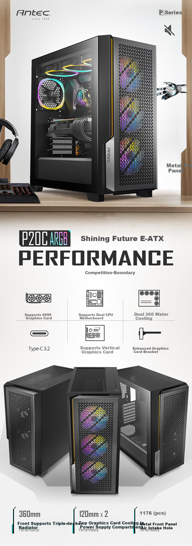 Antec P20C, ARGB Type-C Interface, Glass Side Panel Case, 360mm Water Cooling, with 3 Fans Included 1
