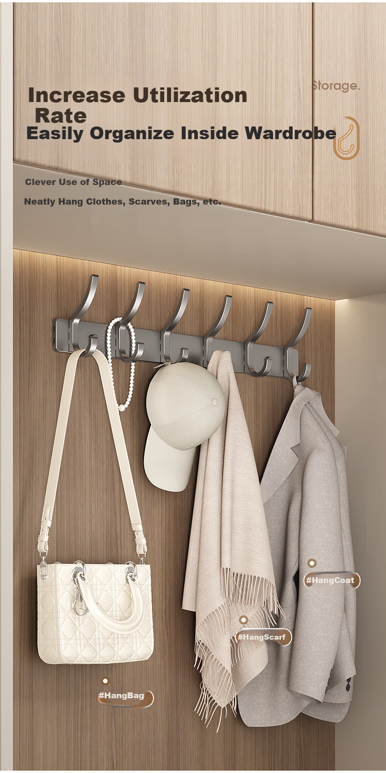 Shuranjia Coat Hooks, No Drilling Required Clothes Hanger, Door-Back Hooks, Traceless Garment Rack, Space Aluminum 6 Hooks, Gunmetal Gray 10
