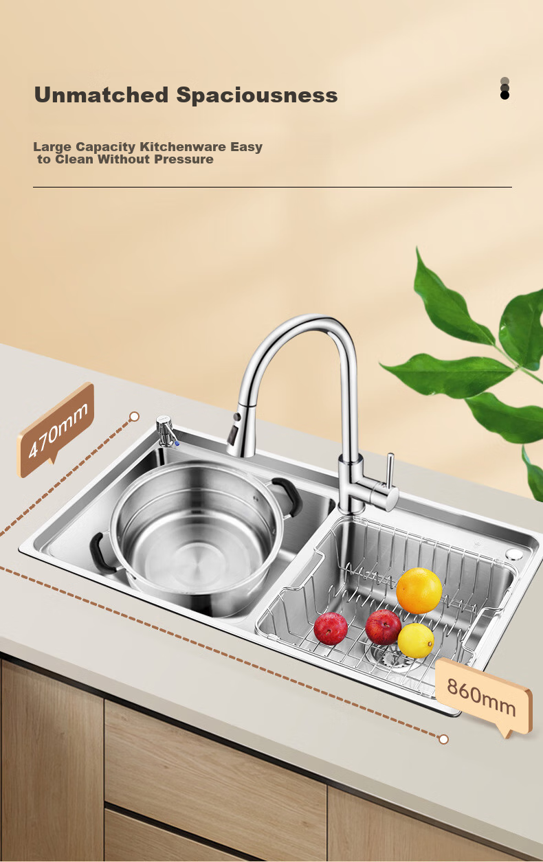 OULIN Double Sink Kitchen Sink, 0 Coating, SUS304 Stainless Steel, Thickened Water Basin with Brass Pull-Out Faucet 3
