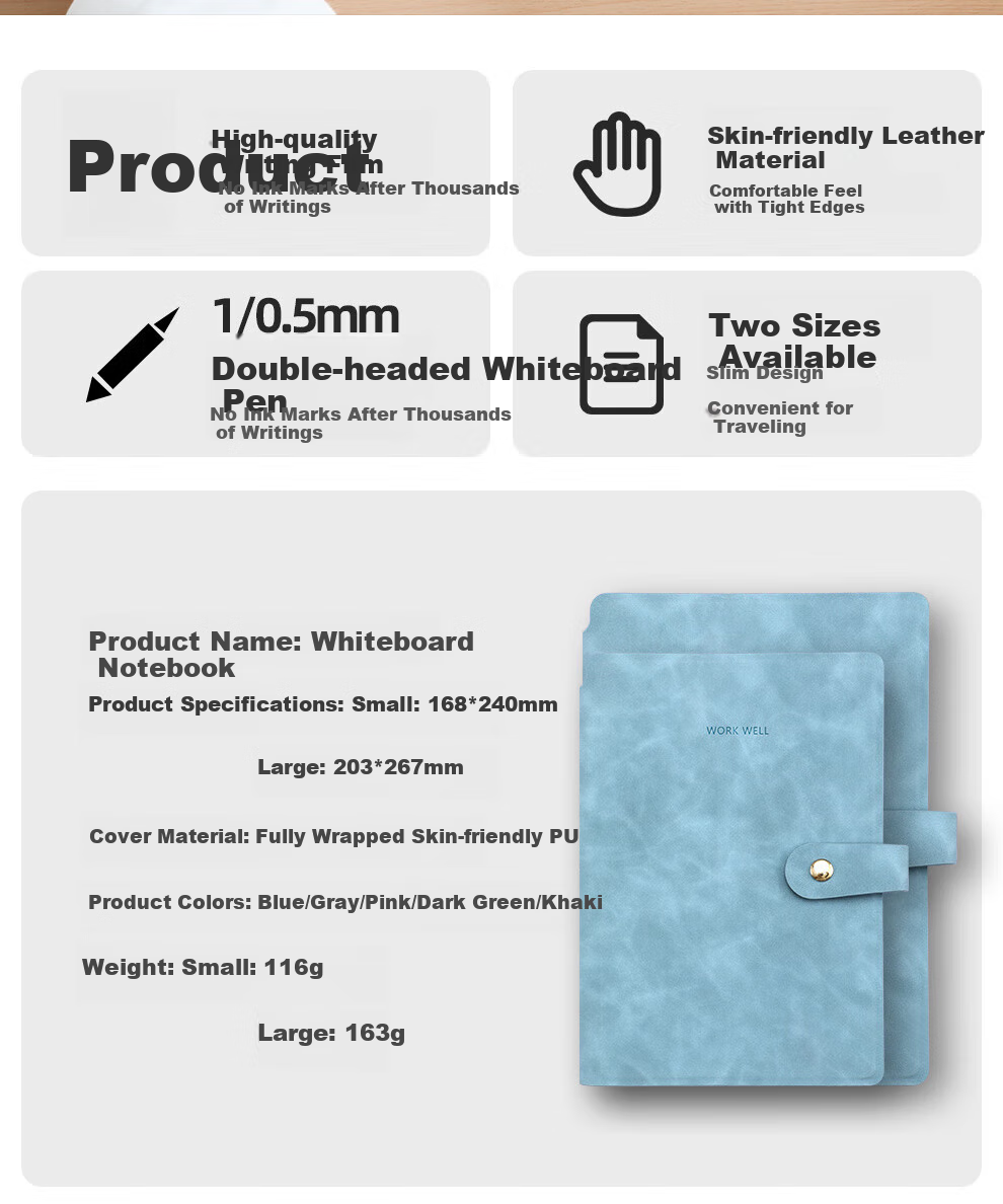 Longe Portable Erasable Whiteboard Notebook, A5 Desktop Memo Pad, Draft Paper, Message Board, Writing Pad, Customizable, Blue 2