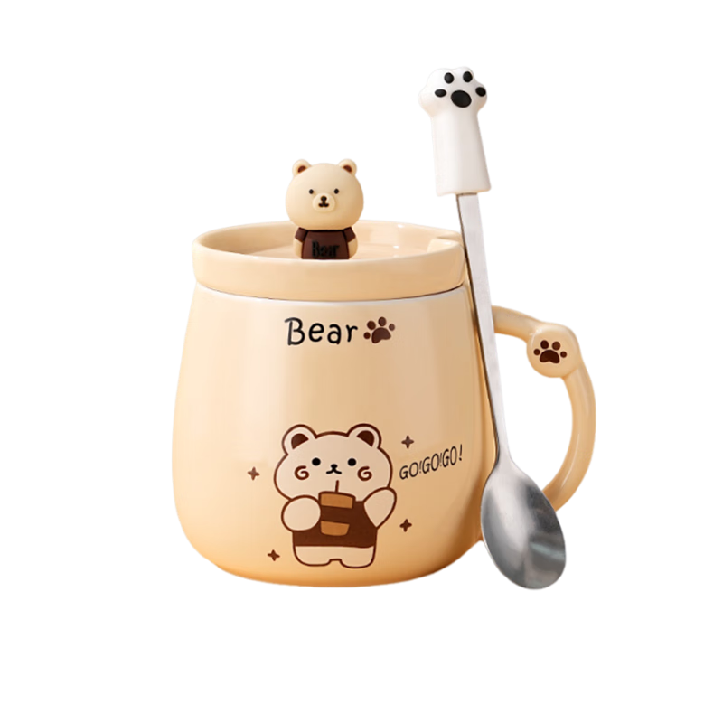 PINYU Ceramic Mug with Lid and Spoon Creative Cartoon Bear Coffee Tea Cup for Men and Women