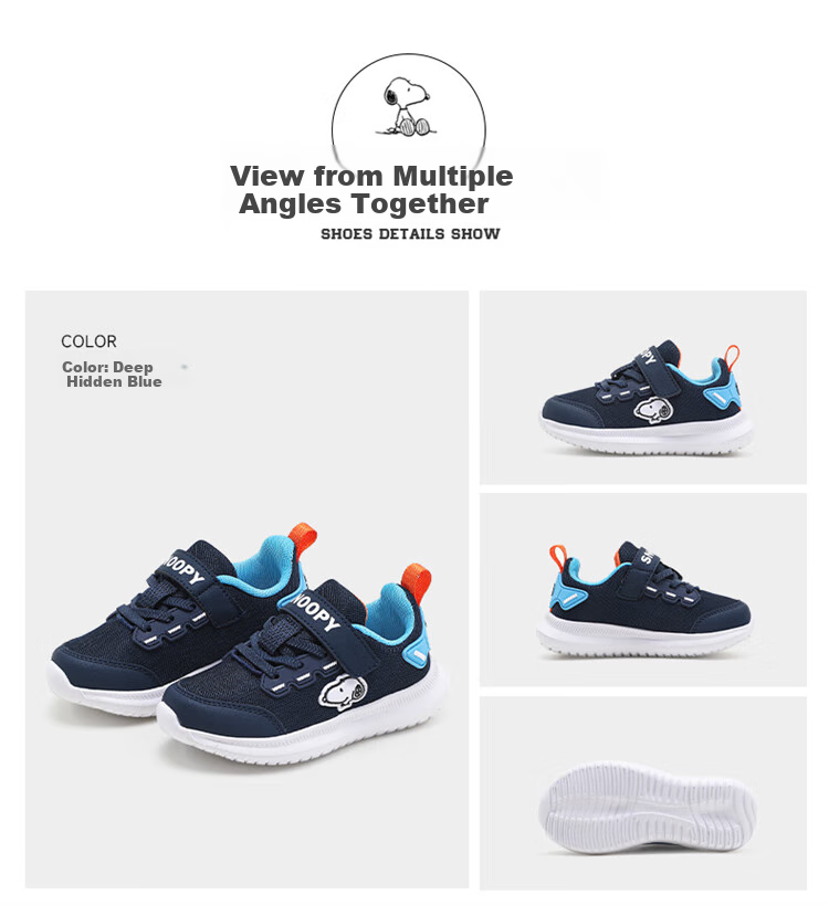 SNOOPY Children's Sports Shoes, Boys And Girls Lightweight Running Shoes, Breathable Casual Shoes, 3802 Blue Deep Blue, Size 36 5