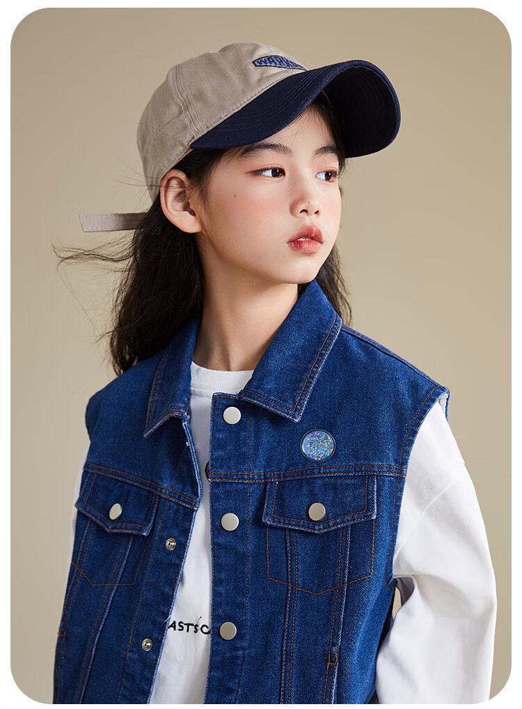 QQ DUCK Children's Denim Vest Girls' Sleeveless Jacket Youth Clothing Classic Vest Navy Blue; 165 12