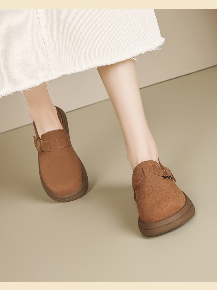 ZHR Thick-Soled Birkenstock-Style Shoes for Women, Retro Full-Coverage Round Toe Casual Women's Shoes, Lightweight Slip-On Flats JF202 Khaki 37 16