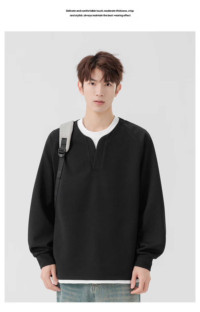 MMOPTOP Japanese-Style Color-Block Faux Two-Piece Crew Neck Sweatshirt, Spring And Autumn Men's Loose Comfortable Top, MWY15 Black XL 9