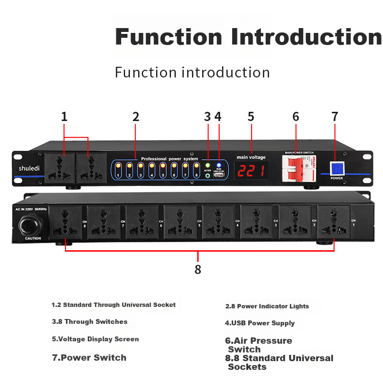 Shuledi D-20 Domestic Professional 8-Channel Power Sequencer with Filter, Independent Power Manager with Switch, Voltage Display, Stage Power Protector Controller for Meetings And KTV Audio Systems 8