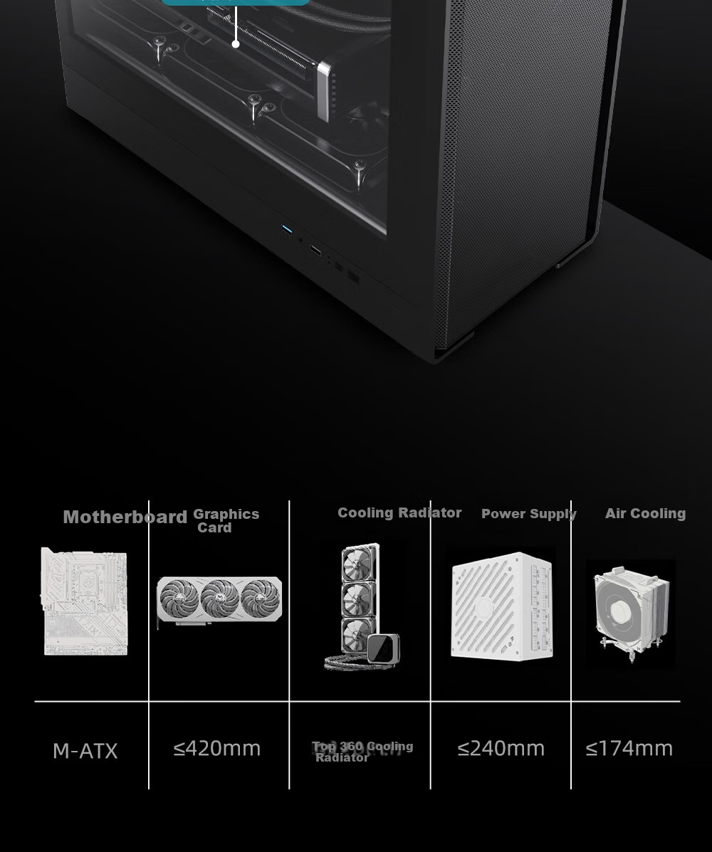 PADO W6 White MESH Mesh Cooling Case (Supports MATX Motherboard, Glass Side Panel, Steel Mesh Front Panel, Independent PSU Compartment, Dust Filter, Supports 4080 Graphics Card) White 8