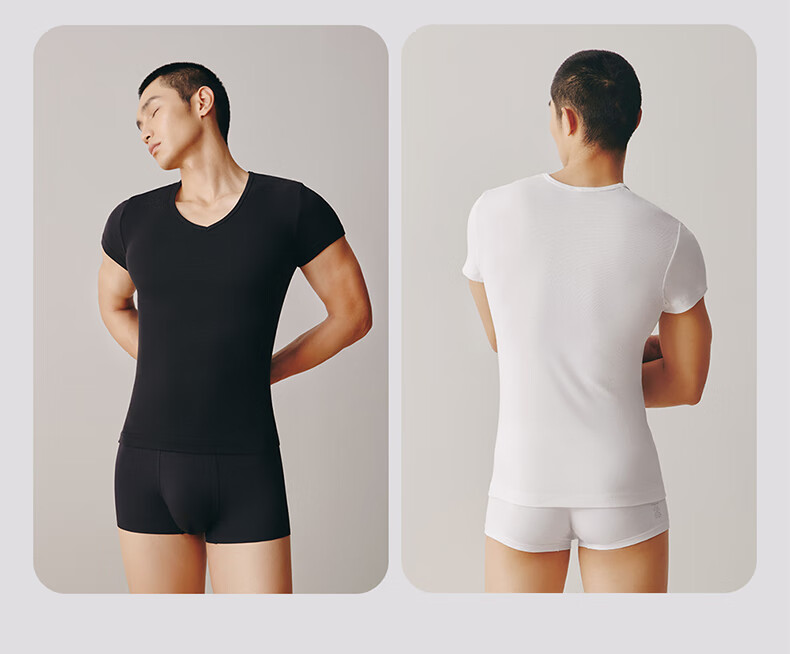 THREEGUN V-Neck T-Shirt for Men [7A Original Yarn Antibacterial], Pure Cotton Ribbed Elastic Versatile Short-Sleeve Basic Undershirt (2-Pack) 9
