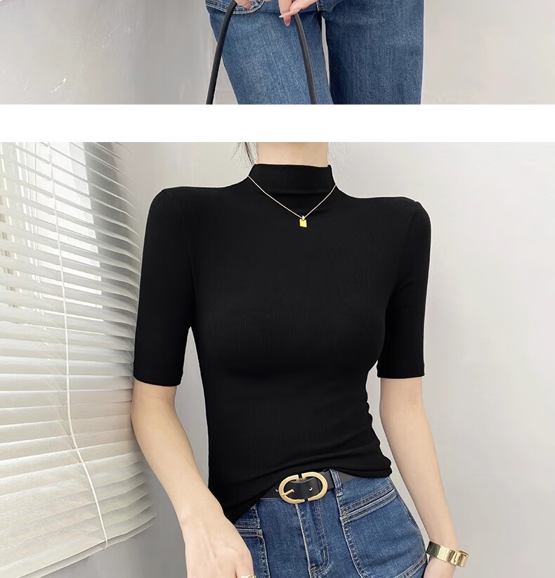 Woodpecker Women's Half Turtleneck Mid-Sleeve Base Shirt Spring Autumn T-Shirt 2025 New Slim Fit Five-Sleeve Top Black XL 5