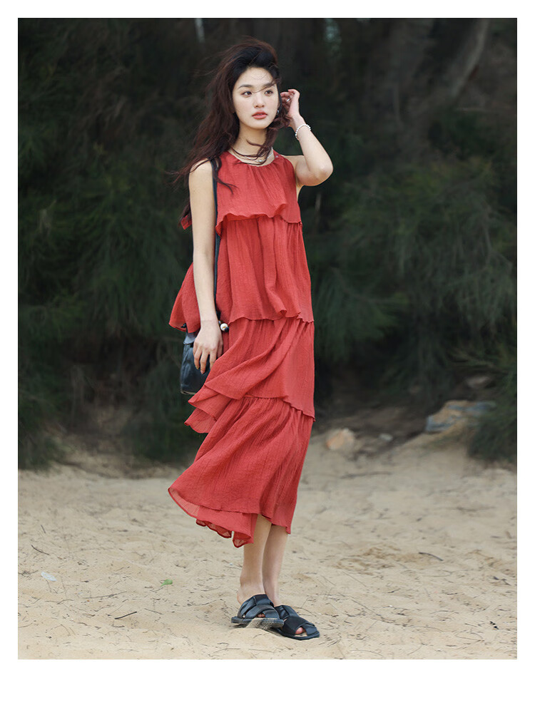 Dme [Heavy Workmanship Layered Spaghetti Strap Dress], Summer Vacation Style, Retro Brick Red, Elegant Cake Skirt 10