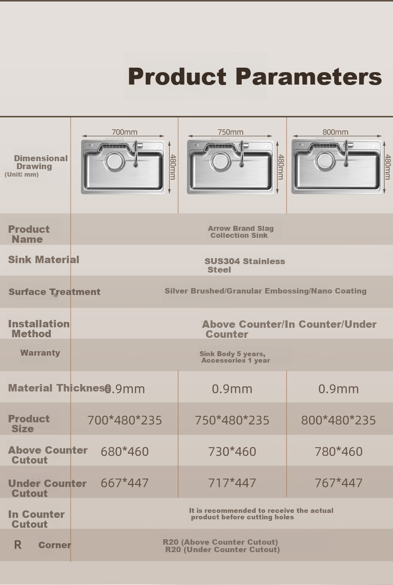 ARROW Kitchen Sink, Large Single Basin, Treasure Basin, 304 Stainless Steel Vegetable Washing Sink, Integrated Basin, Undermount Basin, Wide-Mouth Dishwashing Sink 2