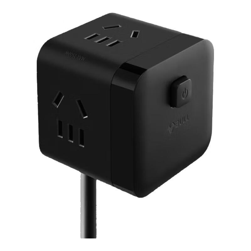 BULL Cube Power Strip, Three-Prong Adapter/power Bar/power Strip/power Board, 3 Outlets with Master Switch, 1.5 Meters Long, GNV-M103, Black