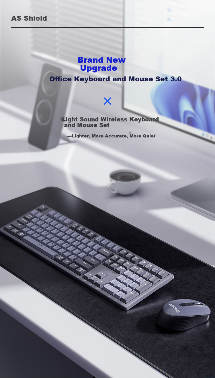 AUSDOM KAM200X Wireless Keyboard And Mouse Set, Quiet Office Keyboard And Mouse Combo, Convenient 2.4G Mechanical Feel, Compatible with Desktop And Laptop Computers, 110 Keys, Twilight Gray 1