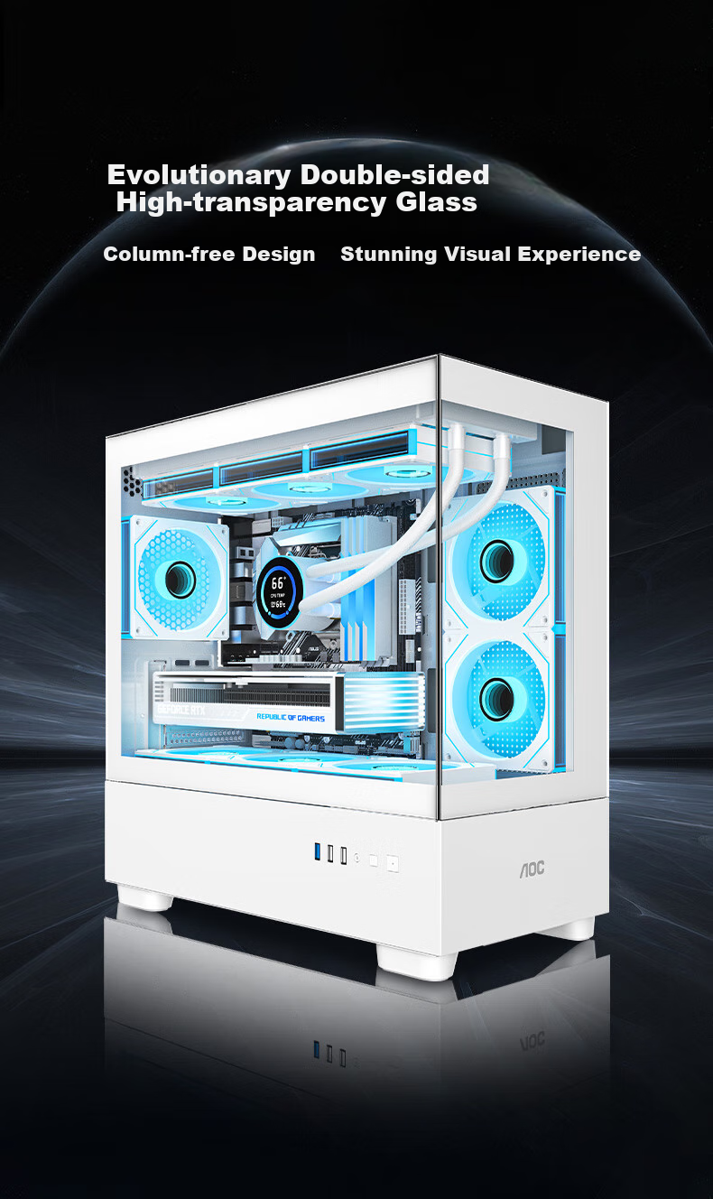 AOC CG393W White Gaming Desktop Computer Case, Dual-Sided Glass, MATX Motherboard, 360mm Water Cooling, 9 Fan Positions, Upper And Lower Compartments 1