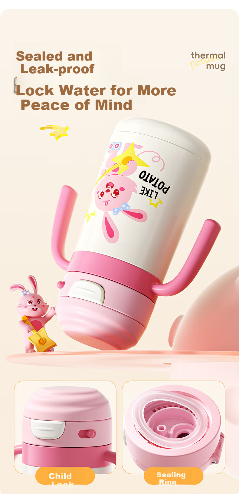 Potato Children's Insulated Cup with Straw, Baby Water Bottle, Portable Stainless Steel Cup for School, 300ml Pink 7