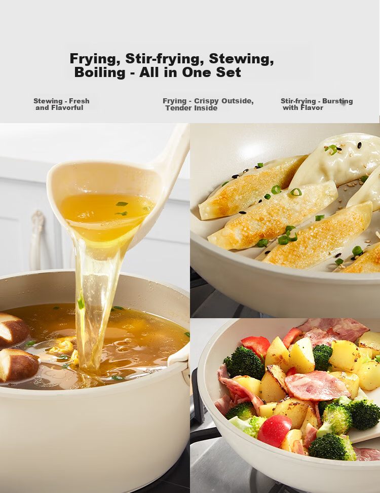 REDCHEF Detachable Handle Cookware Set, Ceramic Non-Stick Pan, Outdoor Frying And Stir-Frying Pan, Flat Bottom Pan, Soup And Milk Pot, Stackable Pot, White 11