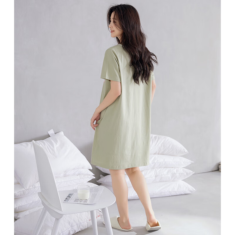 Fenteng Summer Lightweight Short-Sleeve Pure Cotton Loungewear, Plus Size Cute Pajamas, All-Cotton Women's Nightgown, Grass Green, XL