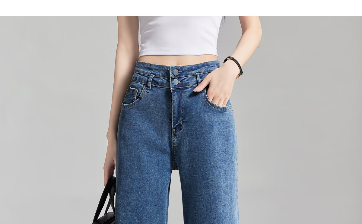 PinCai Women's Cropped Jeans, Petite Size, Solid Color, Slim Fit, High-Waisted, Stretchy, Side Slit, Straight-Leg Casual Pants P12KN1978 35