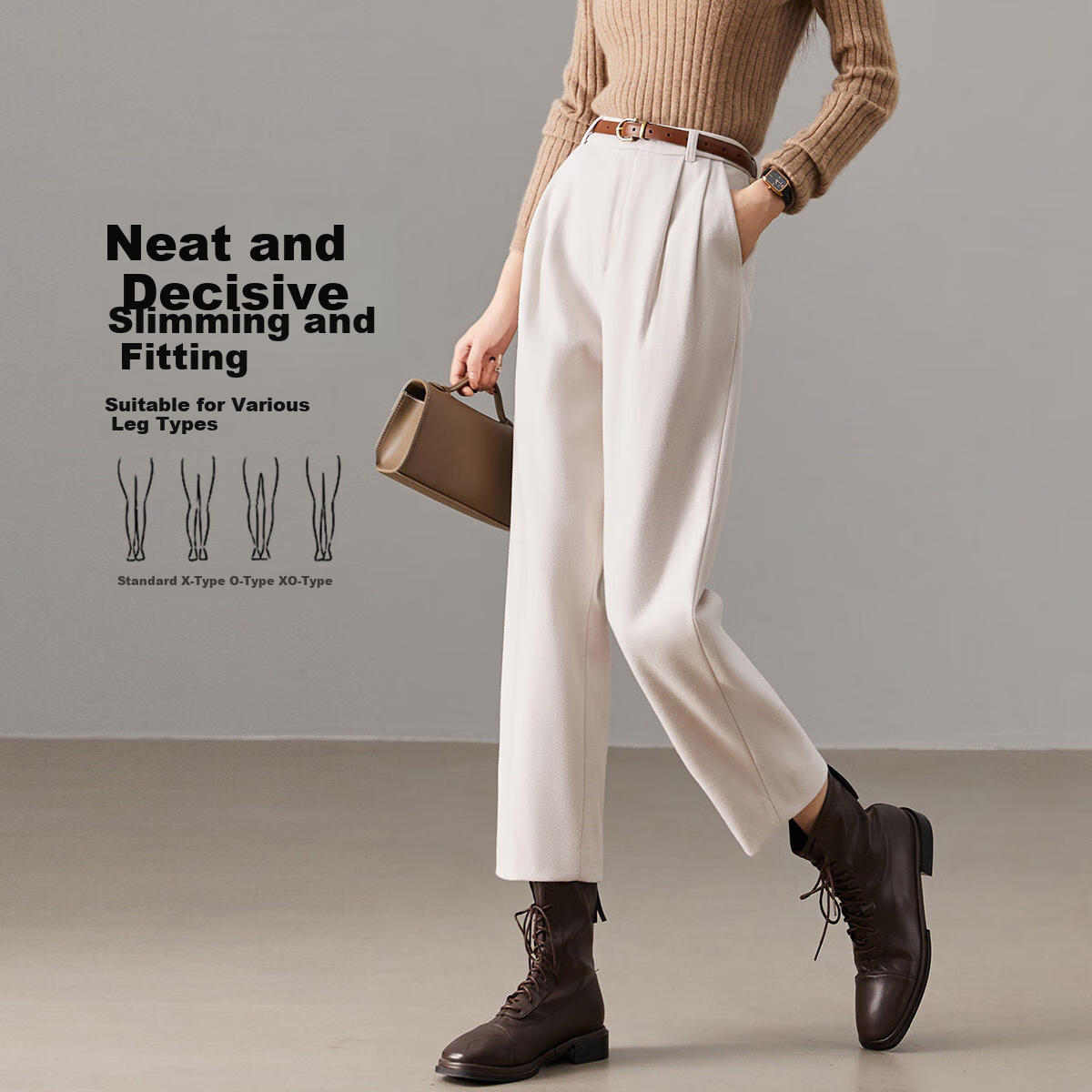 Dme Warm Brushed Harem Pants, Winter Mid-Rise Loose Trousers, Women's Plaid Casual Pants, Off-White, S