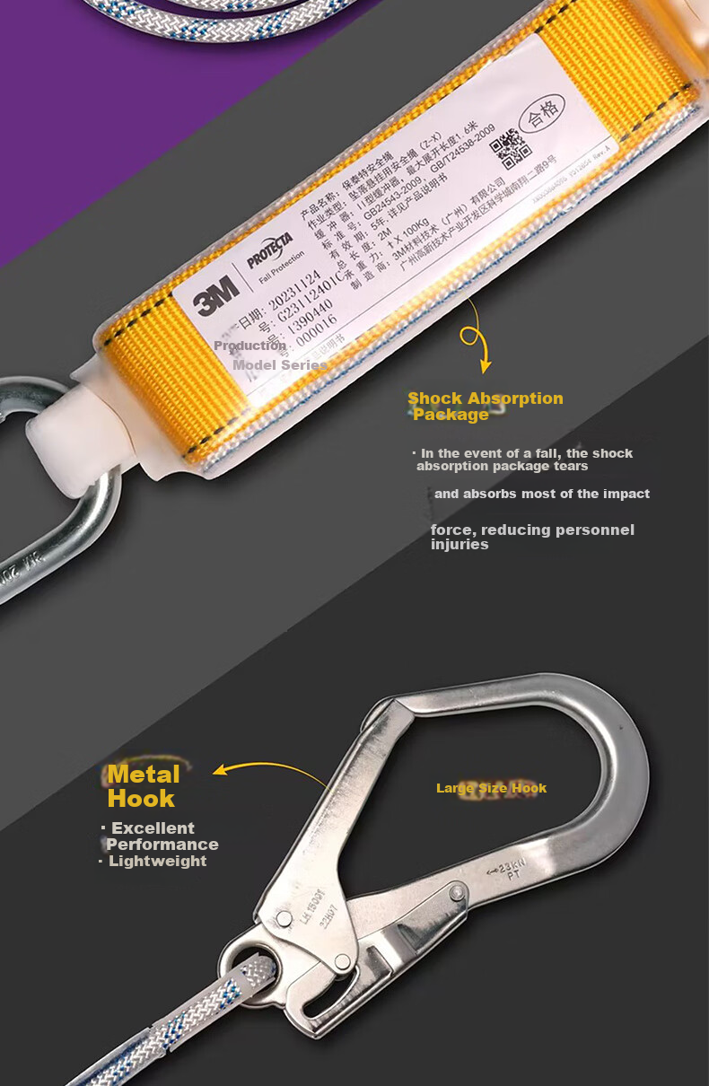 3M Safety Rope, National Standard High-Altitude Work Rope, Construction Escape Rescue Fall Prevention Double Hook Safety Rope 1390439, Single Safety Rope One Piece 10