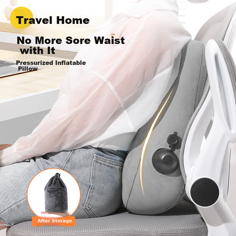 Etravel Inflatable Waist Pillow, Portable Push-Type Back Support, Travel Lumbar Cushion, Office Seat Pad, Car Backrest, Light Gray