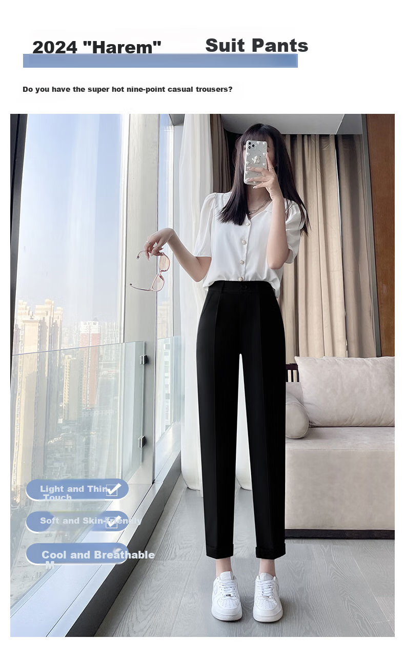 Langsha Casual Harem Pants for Women, Spring And Autumn High-Waist Straight Loose-Fit Slimming Commuter Suit Pants Chiffon Pants Cropped Pants 1