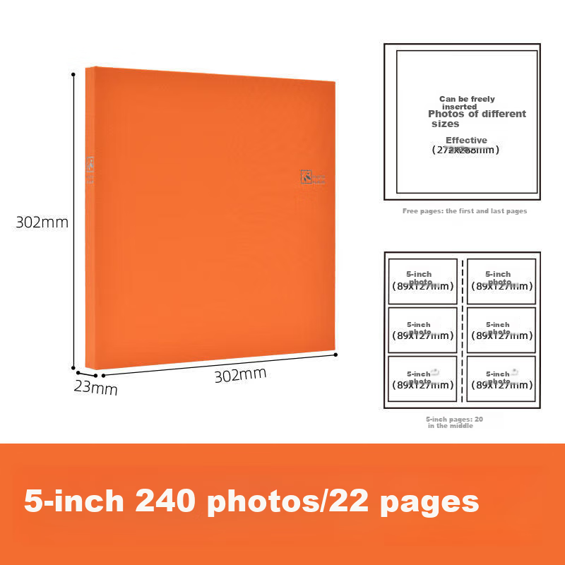 Nakabayashi NCL Fabric Photo Album, 5-Inch, 240 Pages, Insert-Style Family Photo Collection Growth Record Book, Orange