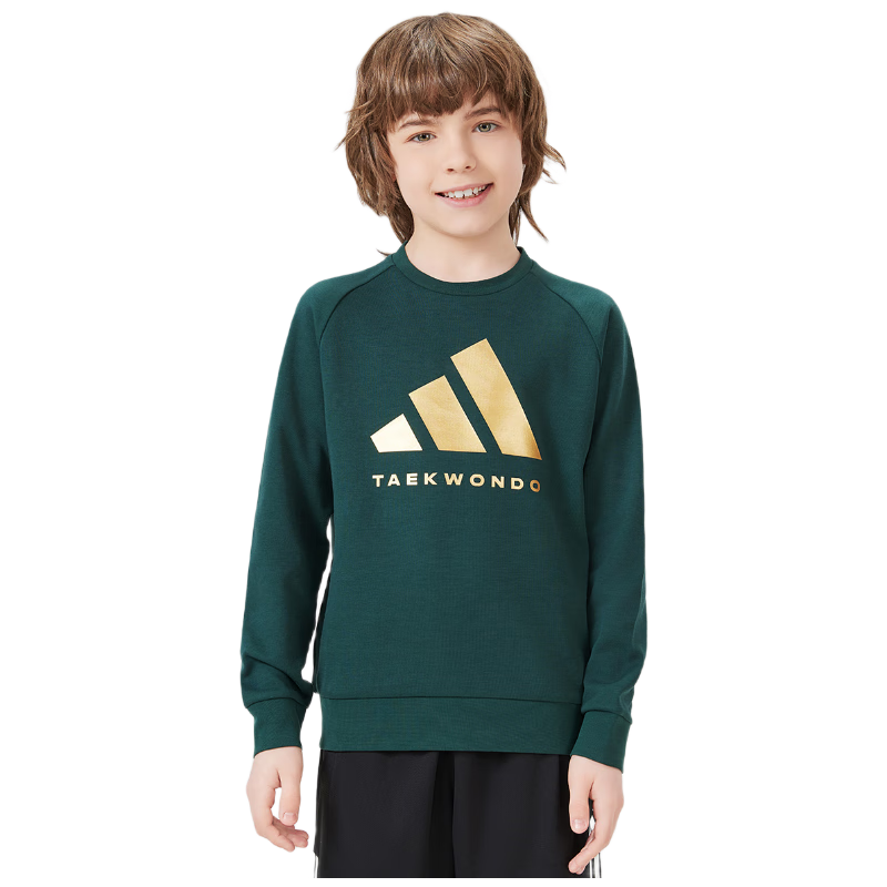 Adidas Autumn Children's Crew Neck Sports Sweatshirt, Green/gold, Size 128