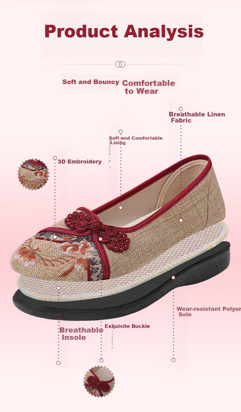 BUS HEYUAN Soft Sole Breathable Flats with Buckle, Mom Shoes, Slip-On Shoes, Traditional Beijing Cloth Shoes for Women 510-1332 Red 35 4