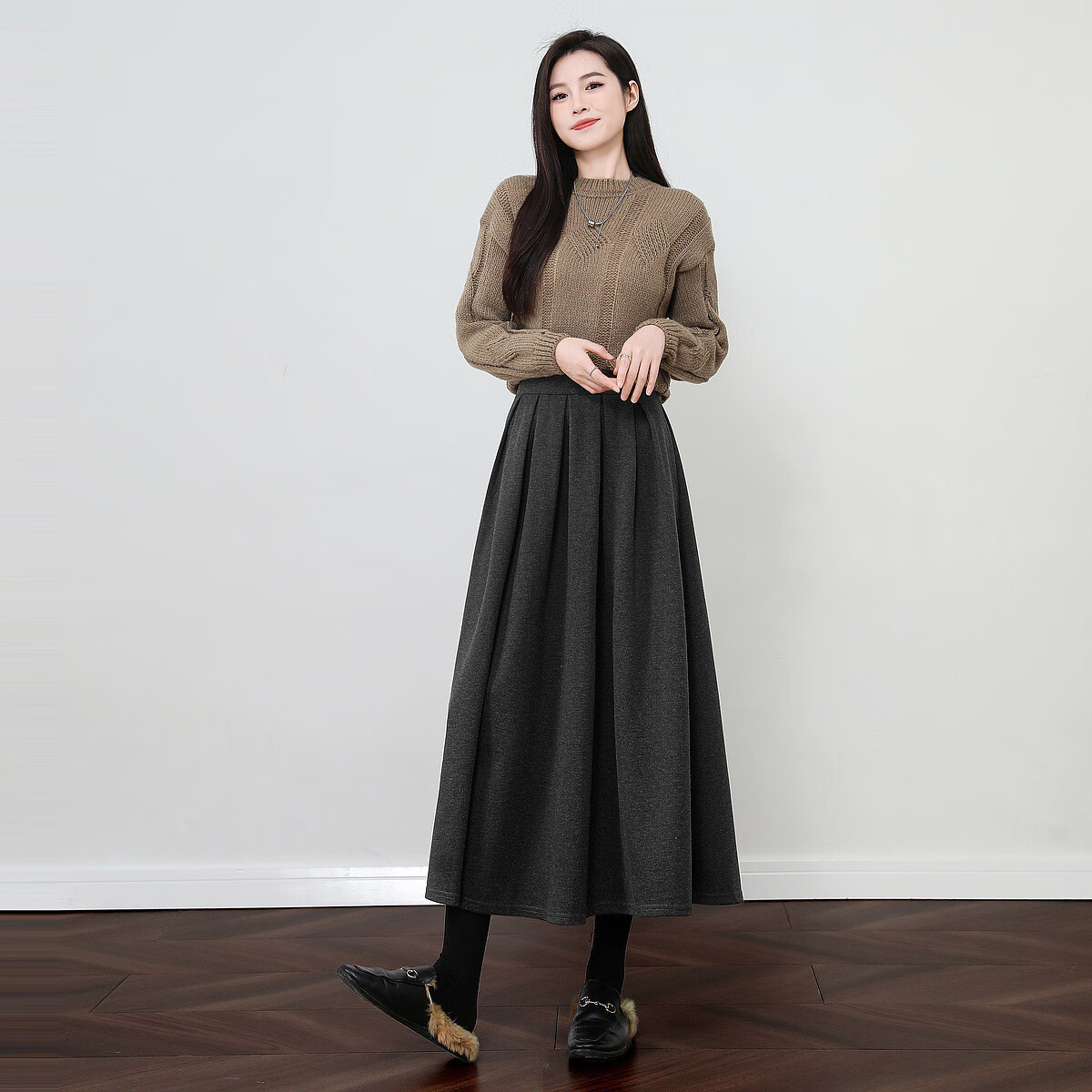 Dme Hepburn Half Skirt Winter Luxury Commuter Elastic Waist A-Line Slimming Mid-Length Skirt for Women