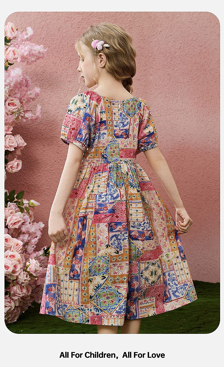 ASK JUNIOR Children's Dress, Summer Outing Breathable Girls' Contrasting Color Short-Sleeve Puff Sleeve Dress, Princess Dress 3