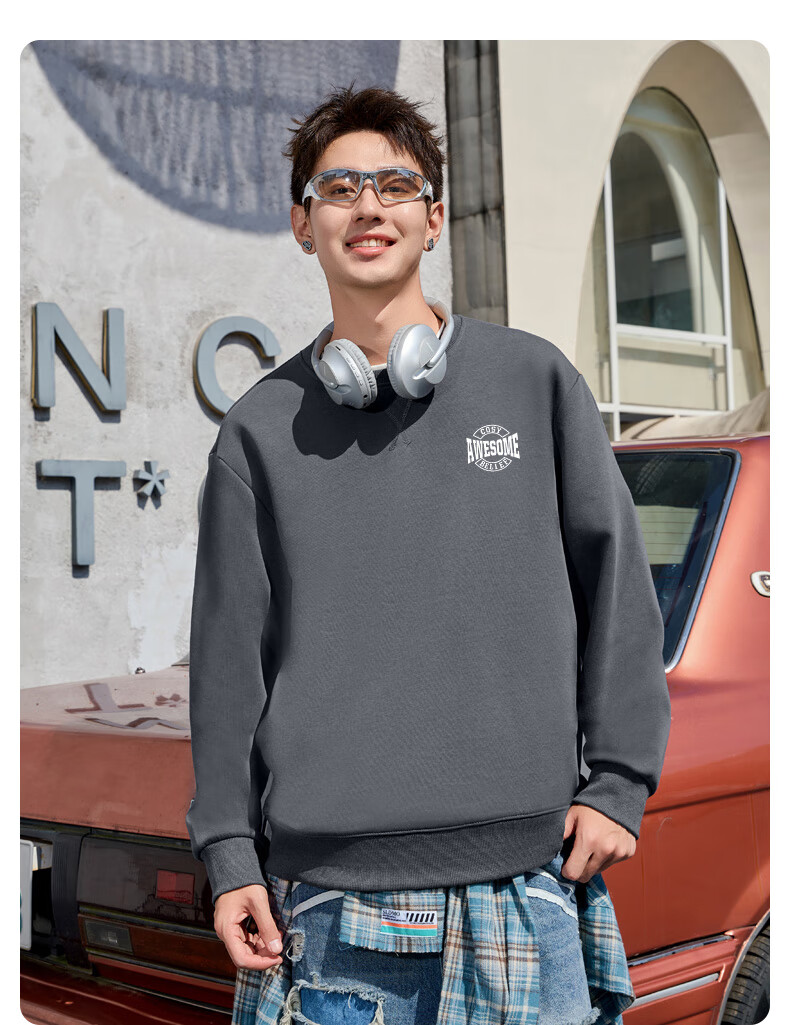 Baleno Men's Crew Neck Sweatshirt Spring Casual Trendy Plus Size Heavyweight Pullover Hoodie-Free Jacket for Students 14