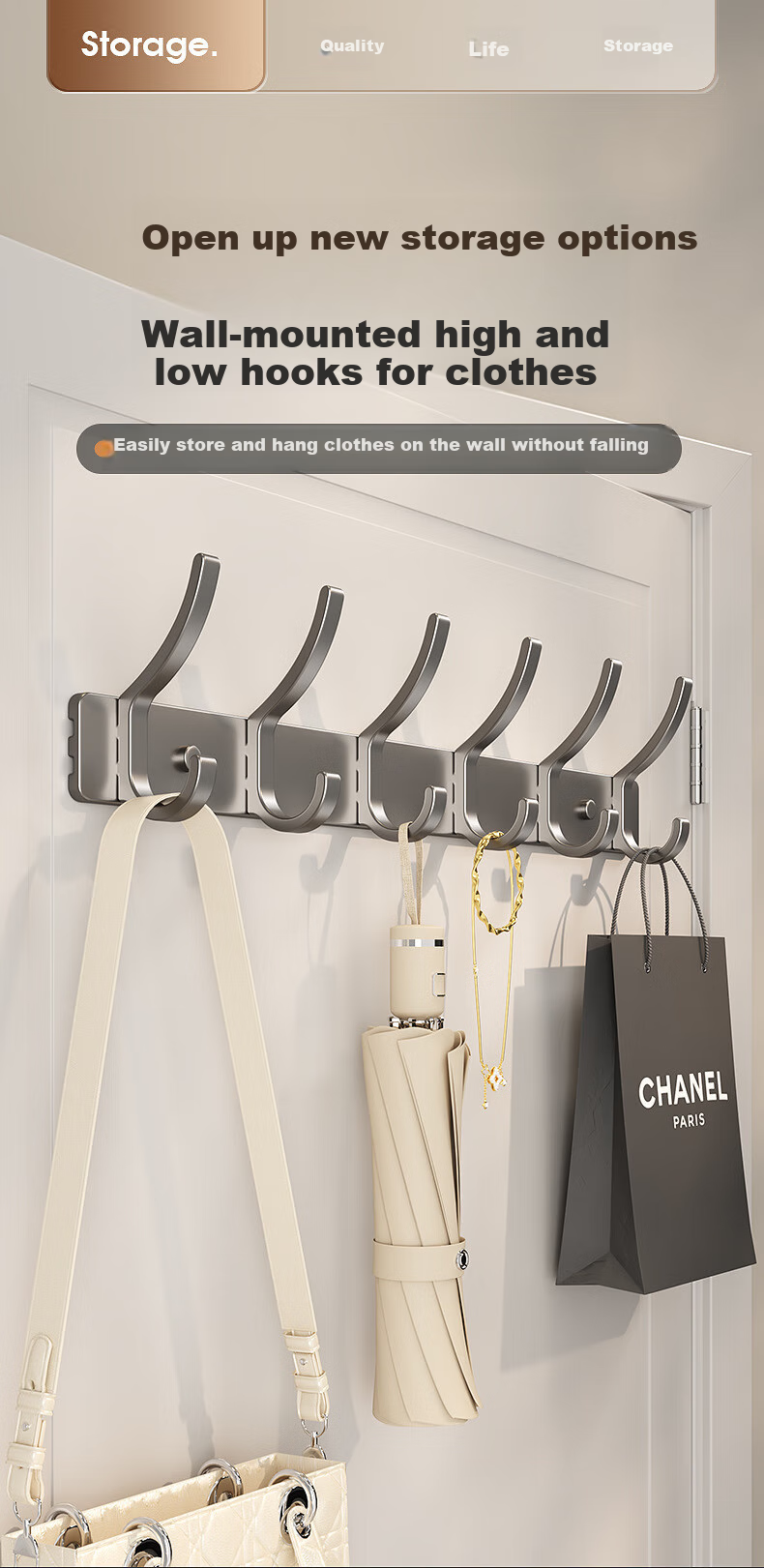 Shuranjia Coat Hooks, No Drilling Required Clothes Hanger, Door-Back Hooks, Traceless Garment Rack, Space Aluminum 6 Hooks, Gunmetal Gray 1