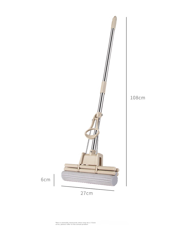 BEKAHIQ Sponge Mop, 27cm, 2 Heads, Double Row Roller, Household All-In No-Hand Lazy Sponge Floor Mop, Absorbent Mop Cloth 14