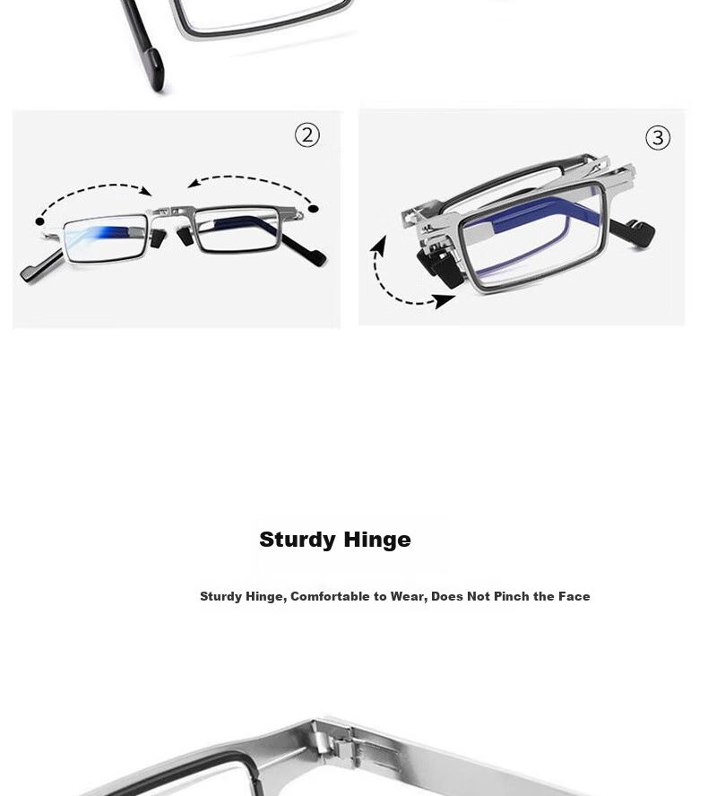 Boshide Reading Glasses, Foldable Reading Glasses, Ultra-Light Portable Anti-Blue Light Reading Glasses, Square Silver Frame Black, 400 Degrees 13