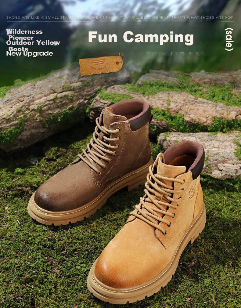 Belle Camping Pioneer Men's Boots, New Thick-Soled Yellow Boots with Fleece Lining for Warmth A1763 Khaki Single Lining Size 42 1