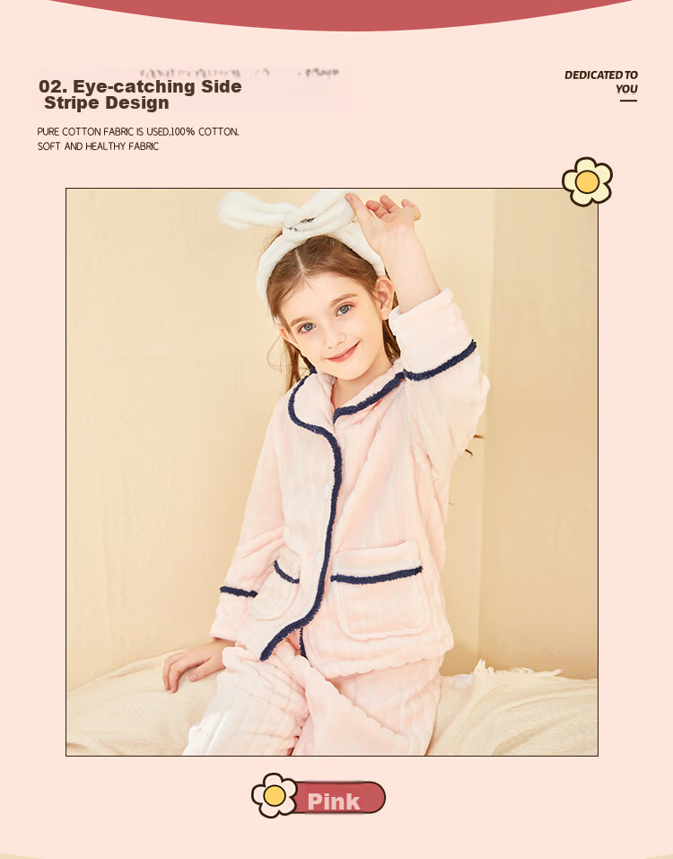 LangSha Children's Pajamas for Girls, Winter Fleece-Lined Thick Flannel Loungewear Set for Toddlers And Teens, Warm Sleepwear 3