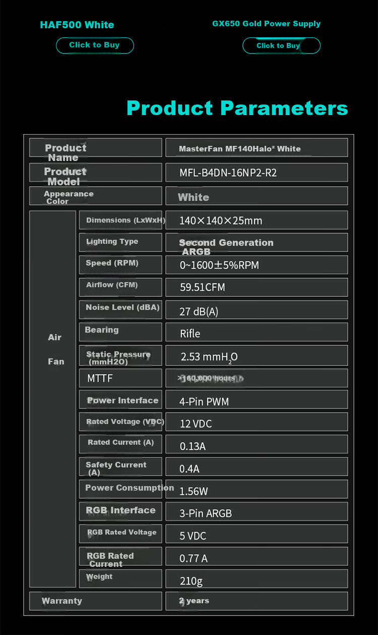 CoolerMaster MasterFan MF140 HALO 2nd Generation White ARGB Case Fan, Balanced Fan Design, Dual ARGB Lighting Effects, Sound-Absorbing And Noise-Reducing 6