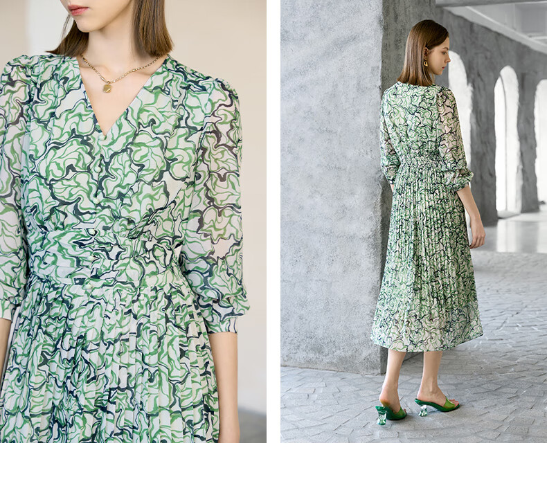 YANYEE Elegant Floral Print A-Line Skirt, 2025 Early Spring, Waist-Cinching Slimming, Commuter Style, V-Neck, Three-Quarter Sleeve Dress, Green Floral Pattern, Size M 5