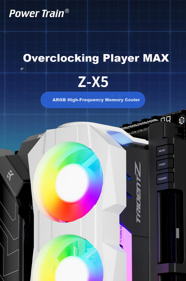 PowerTrain Z-X5 Memory Heatsink Fan, White ARGB Synchronized Tower Case Cooling, Supports DDR5/DDR4/DDR3/DDR2/DDR 1