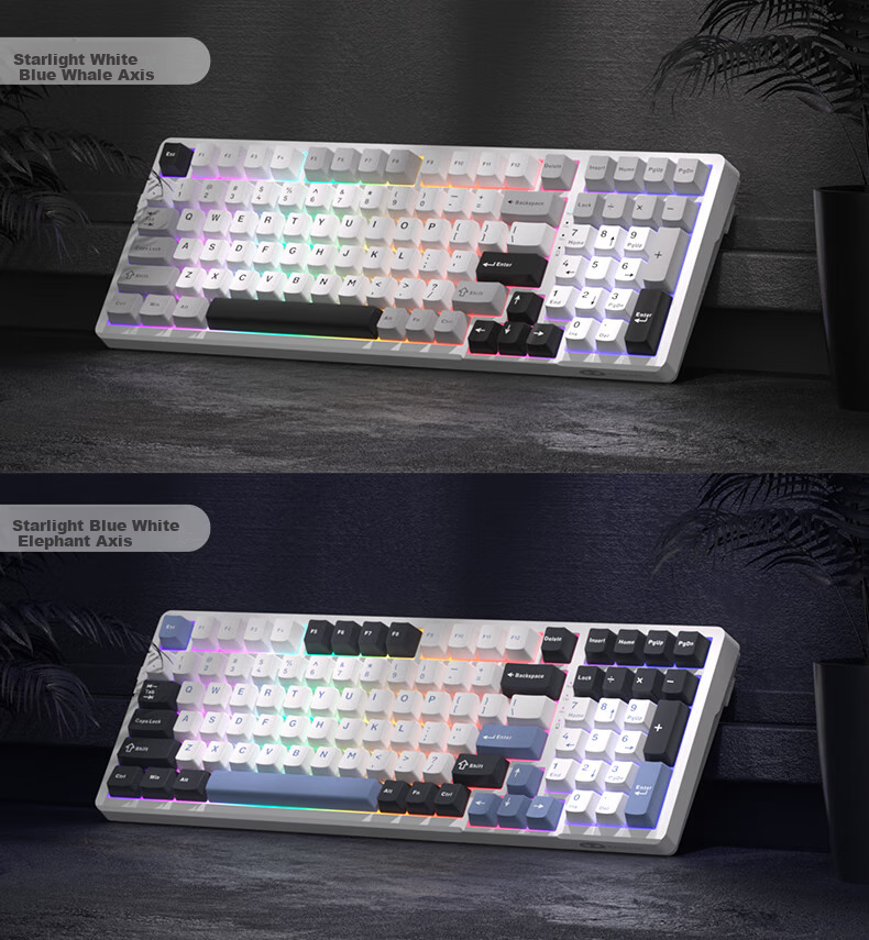 MageGee Light100 Tri-Mode Bluetooth Wireless Keyboard, 99 Keys Hot-Swappable Customizable Keyboard, RGB Translucent Side-Carved Keyboard, Gaming Mechanical Keyboard, Side-Carved Gray, Blue Whale Switches 3