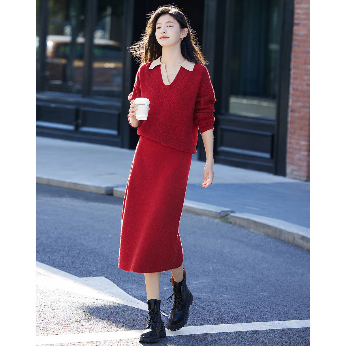 Demana Color-Block Polo Collar Set Autumn Long Sleeve Pullover Knit Two-Piece Set for Women