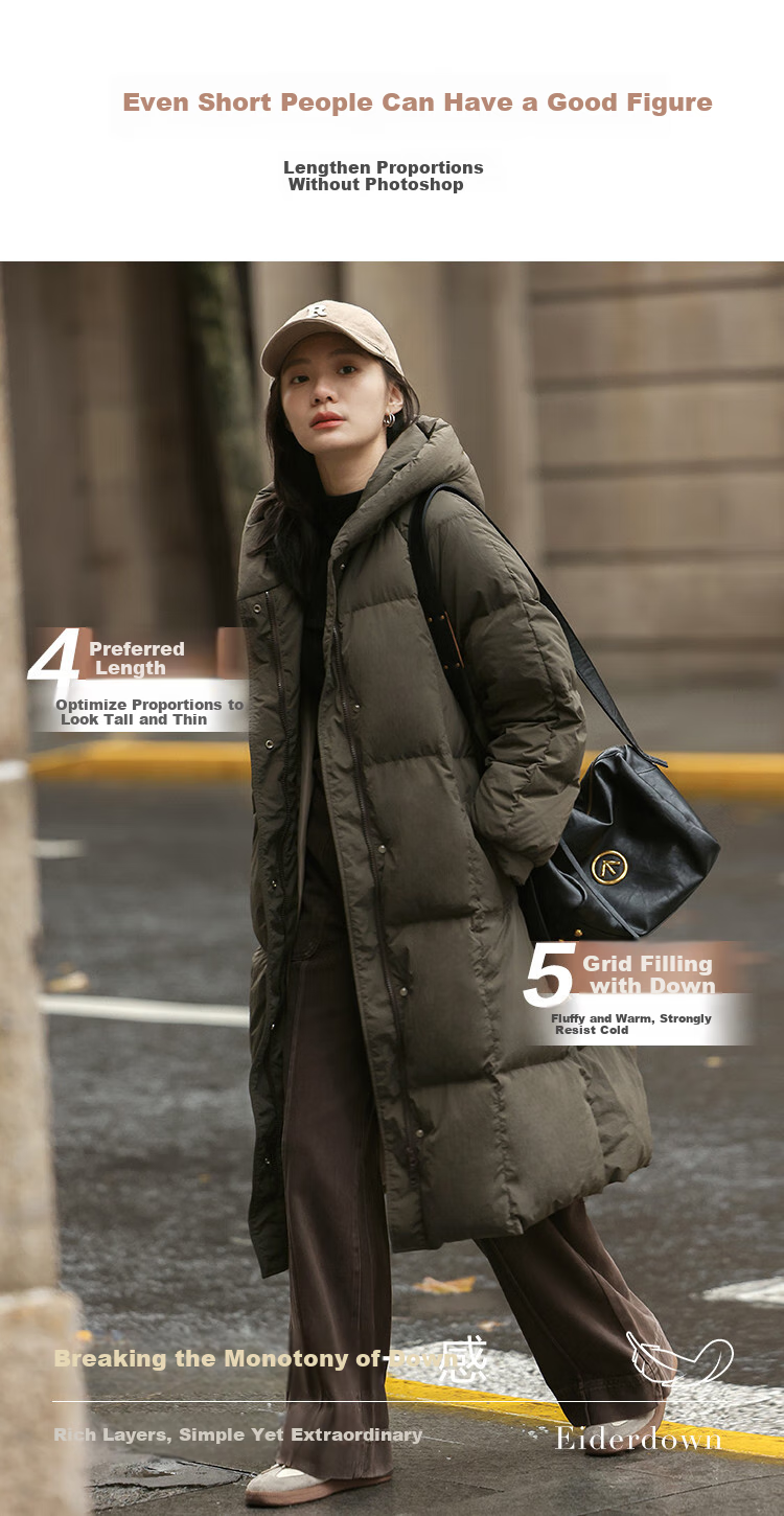 Dme [Retro Long Hooded Down Jacket] Winter Style with Side Pockets, Waist Belt, Long Women's Down Coat, Coffee Color, M 6