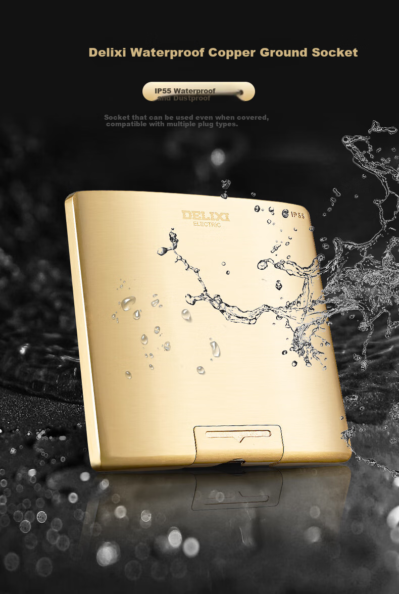 DELIXI Switch Socket, Gold Five-Hole Copper Floor Socket, Flip-Cover Waterproof Floor Socket (Including Concealed Box) 2