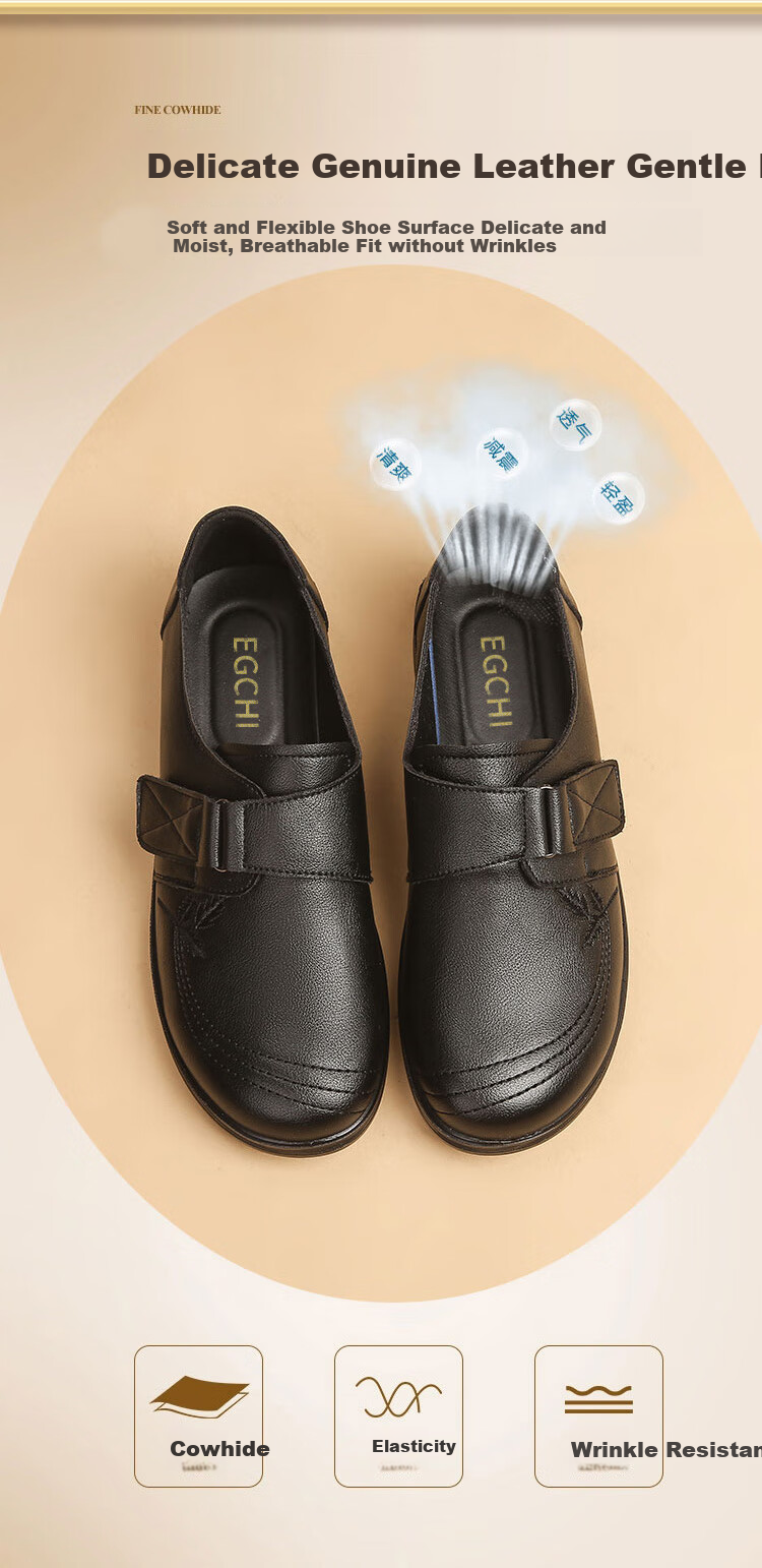 EGCHI Mom Shoes, Casual Top-Grain Leather Soft-Soled Flats, Non-Slip Flat Walking Leather Shoes, H2168, Black, Size 39 6