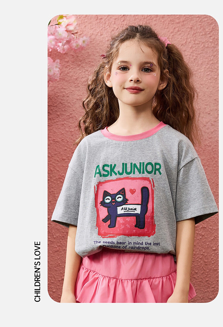 ASK JUNIOR Children's Short-Sleeve T-Shirt, Summer Wear, Pure Cotton Breathable, Girls' Casual Versatile Regular Shoulder Half Sleeve, Gray, Size 160 9
