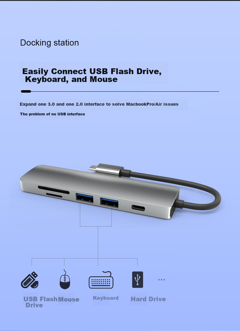 ECOLA Type-C Five-In Docking Station with Charging Port, Compatible with Apple And Huawei Laptops, USB2.0/HDMI/VGA/PD Fast Charging CB-A053GR 4