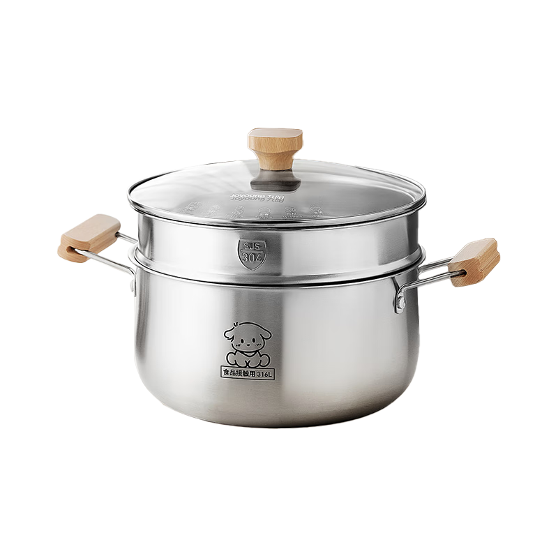 Joyoung 316L Stainless Steel Soup Steamer Pot with Built-In Double-Layer Steaming Rack, Multifunctional for Home Use, Suitable for Heating Milk And Cooking Porridge, Compatible with Stove, 24cm
